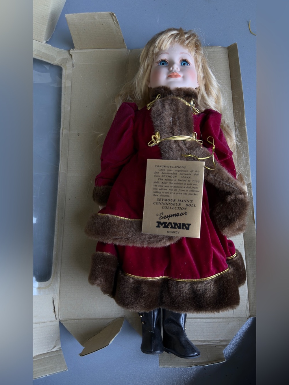 Connoisseur Porcelain Doll in Burgundy and Brown